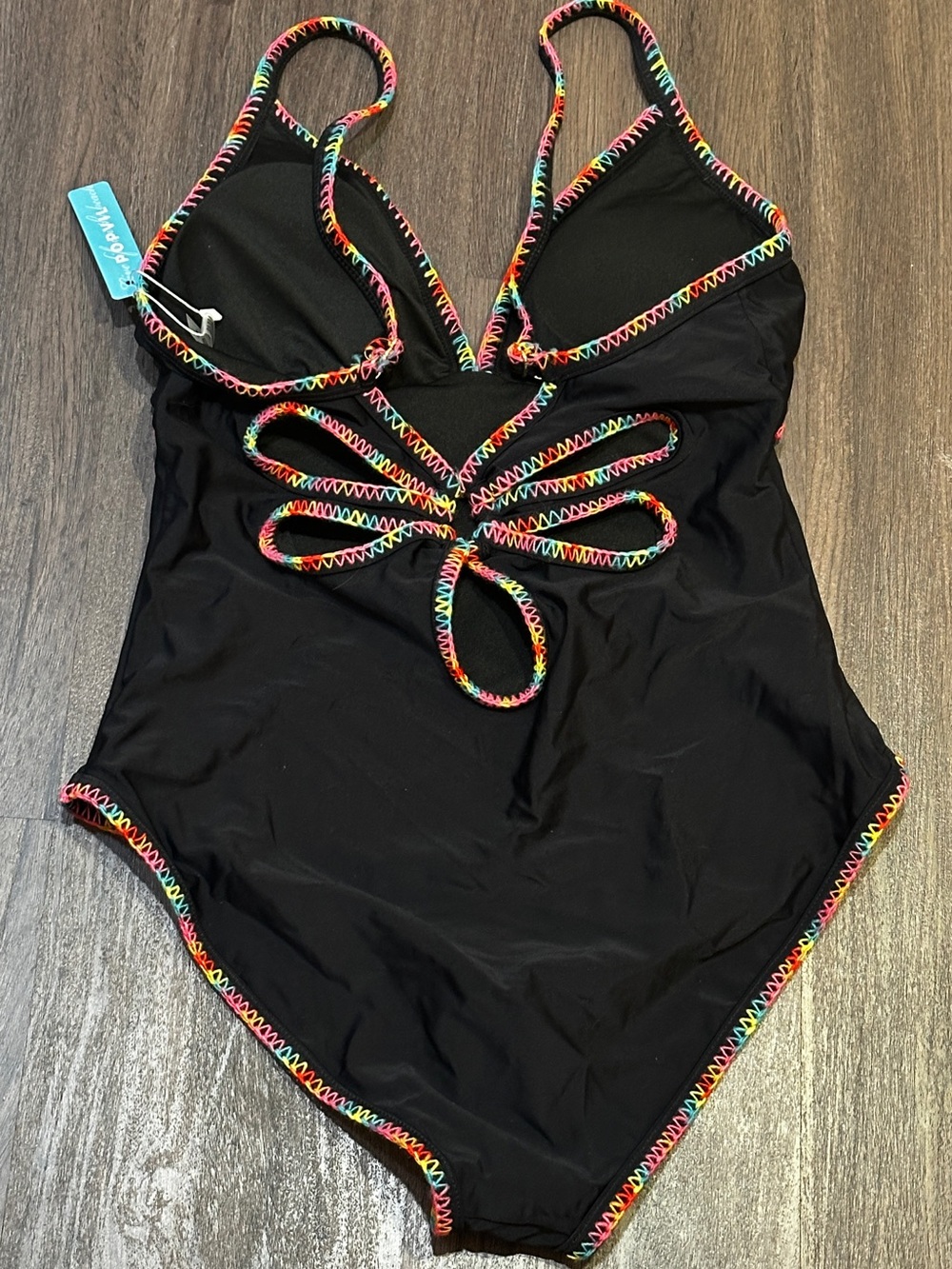 Rainbow Trim Cutout One Piece Swimsuit Black Neon Stitching Size Large NWT - Picture 3 of 11